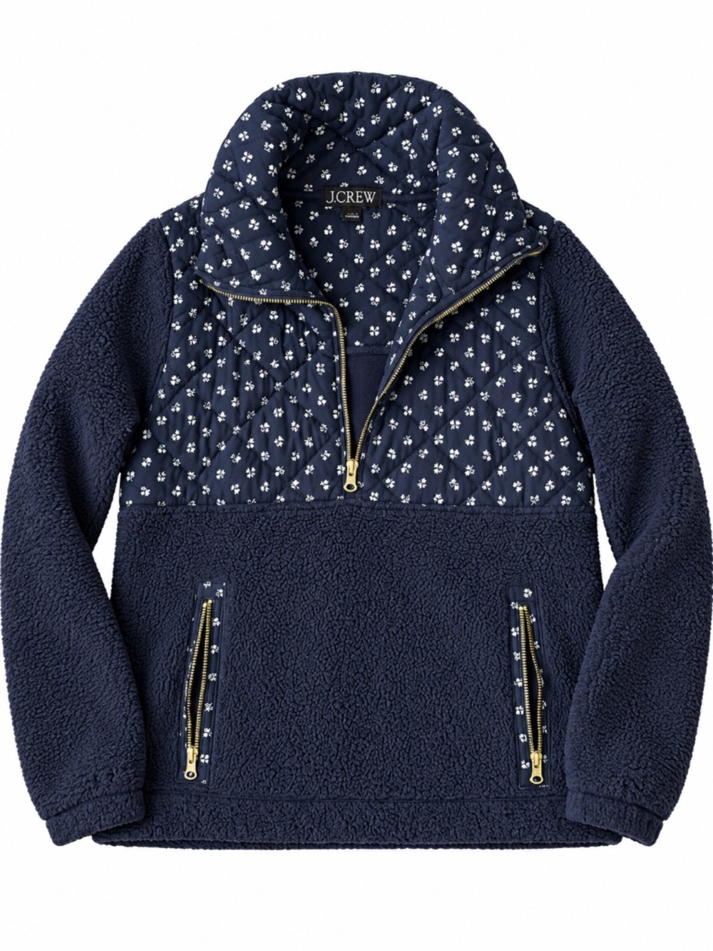 J.Crew Navy Floral Quilted Sherpa Fleece Half Zip Pullover